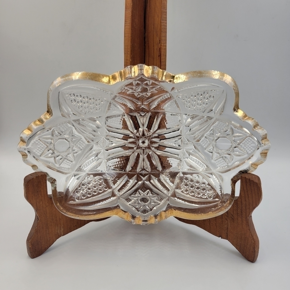 Vintage Clear Glass Candy Dish with Gold Accent Rim